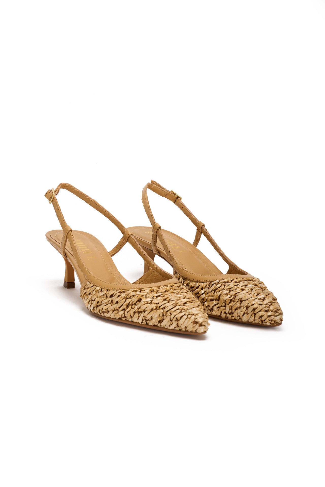 Slingback Donna in nappa camel e raffia camel